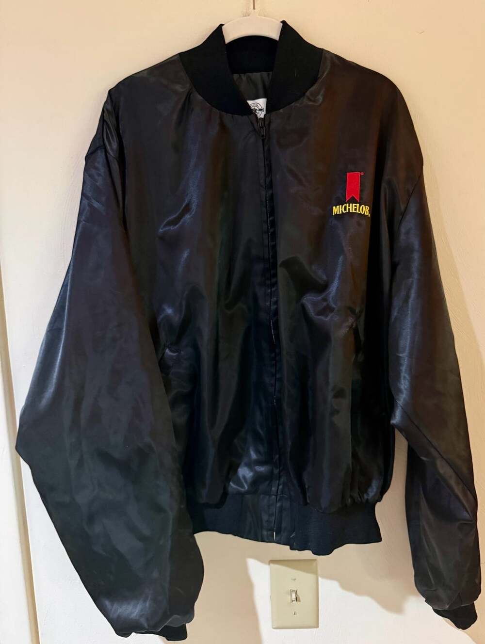 Vintage 80s Michelob Beer Satin Bomber Jacket XL Black Made USA Embroidered